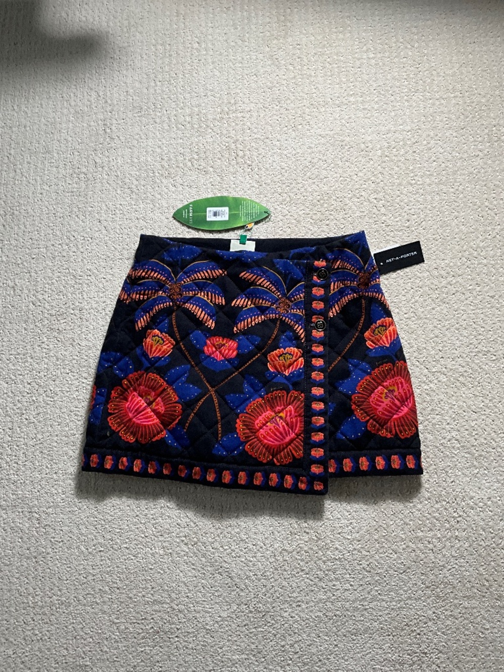NWT Farm Rio “Living Bloom Black Miniskirt” (quilted wrap skirt)